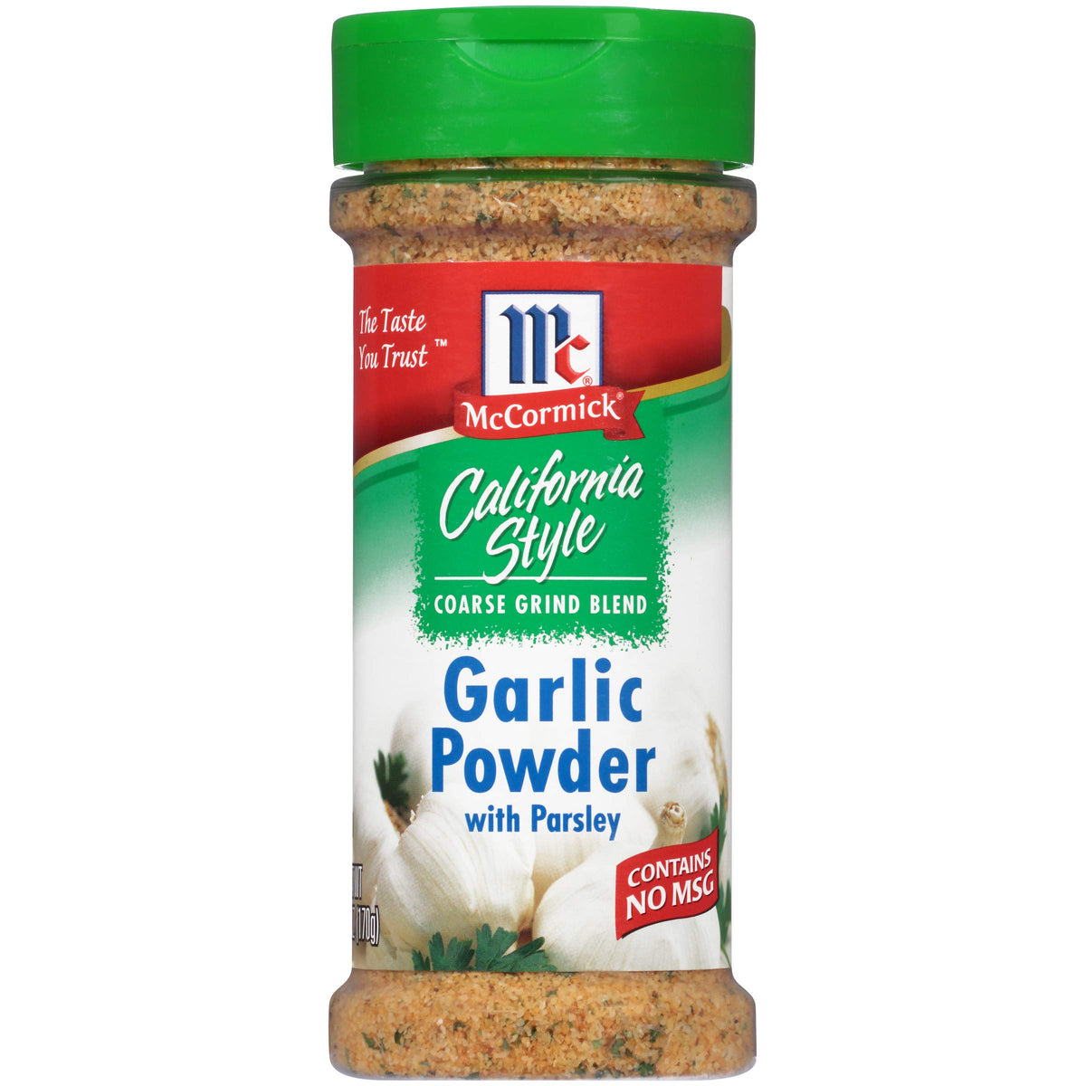 McCormick California Style Garlic Powder with Parsley, coarse grind, enhances meats with garlic flavor.