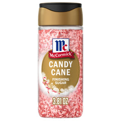 McCormick Candy Cane Finishing Sugar jar closeup with peppermint aroma and festive color