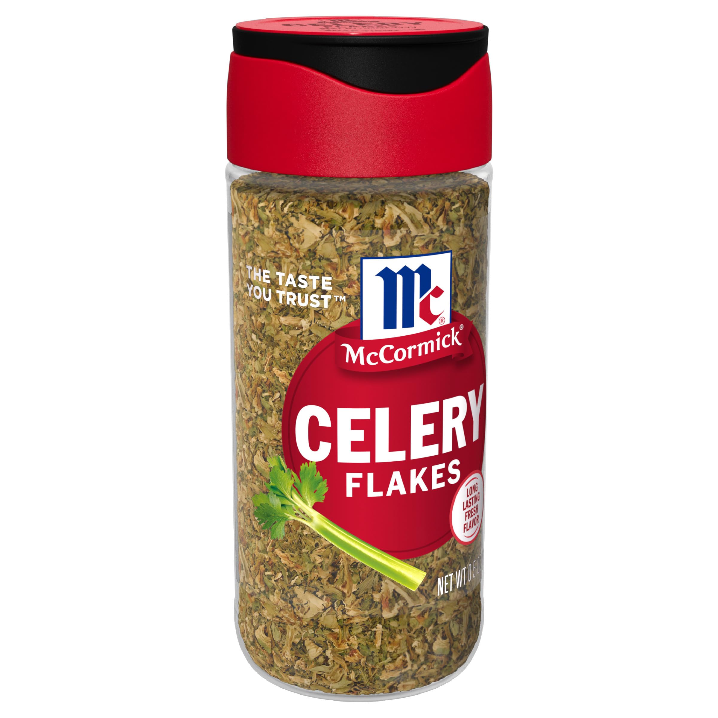 McCormick Celery Flakes bottle closeup showing real celery essence for cooking