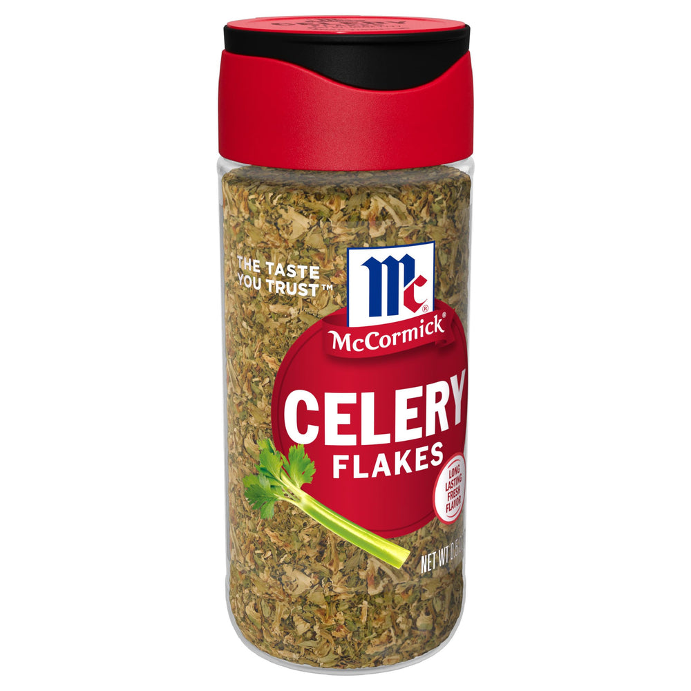 McCormick Celery Flakes bottle closeup showing real celery essence for cooking