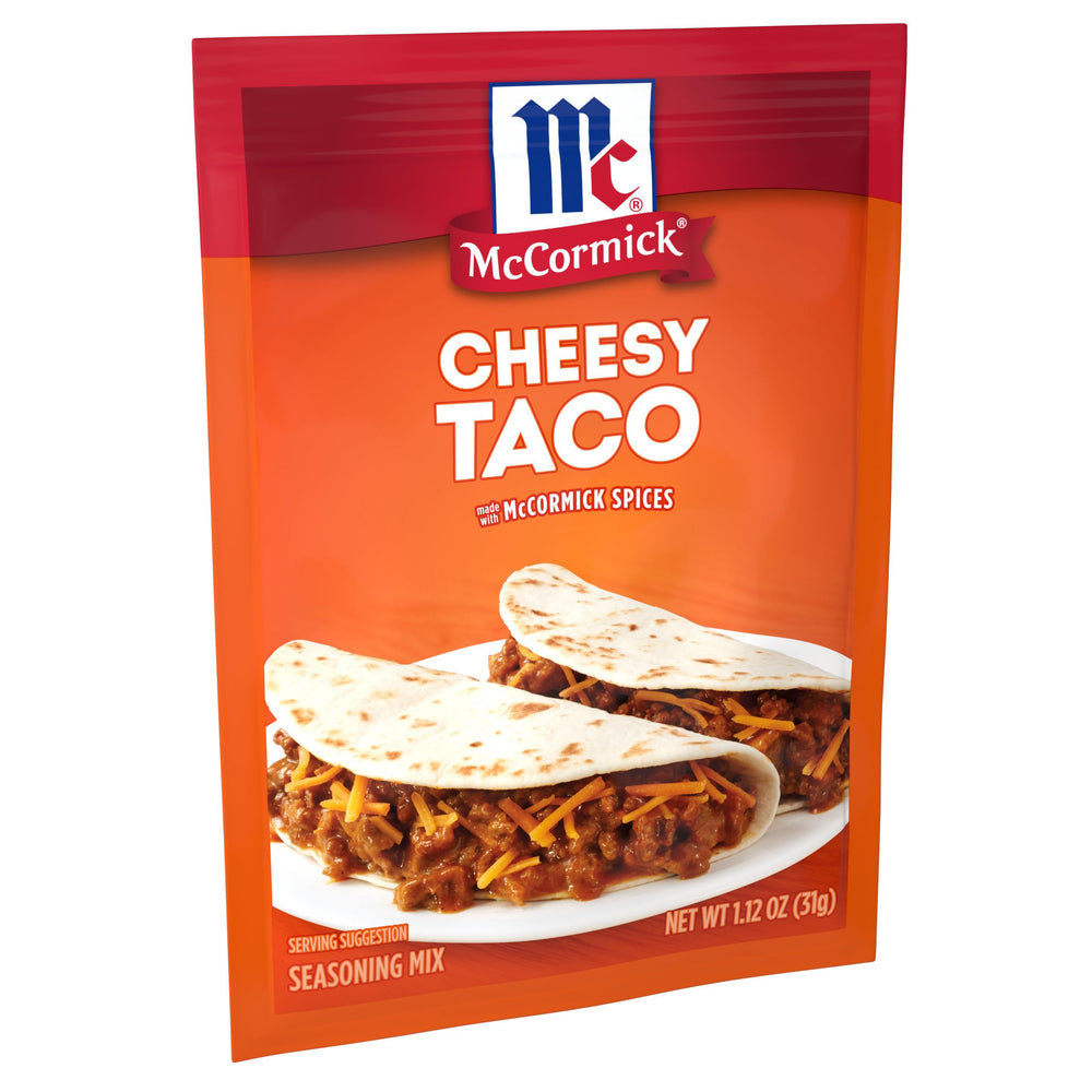 McCormick Cheesy Taco Seasoning packet ready to flavor ground beef in minutes