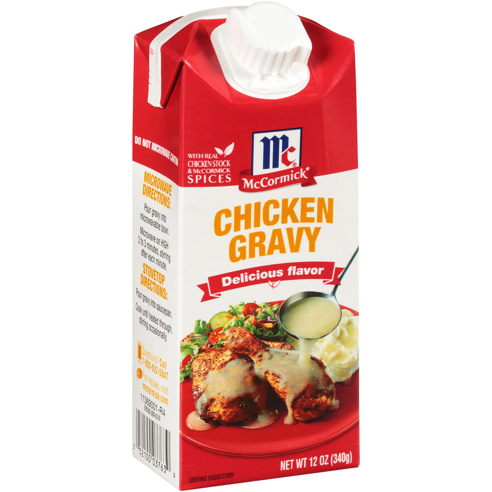 McCormick Chicken Gravy bottle closeup highlights real ingredients.