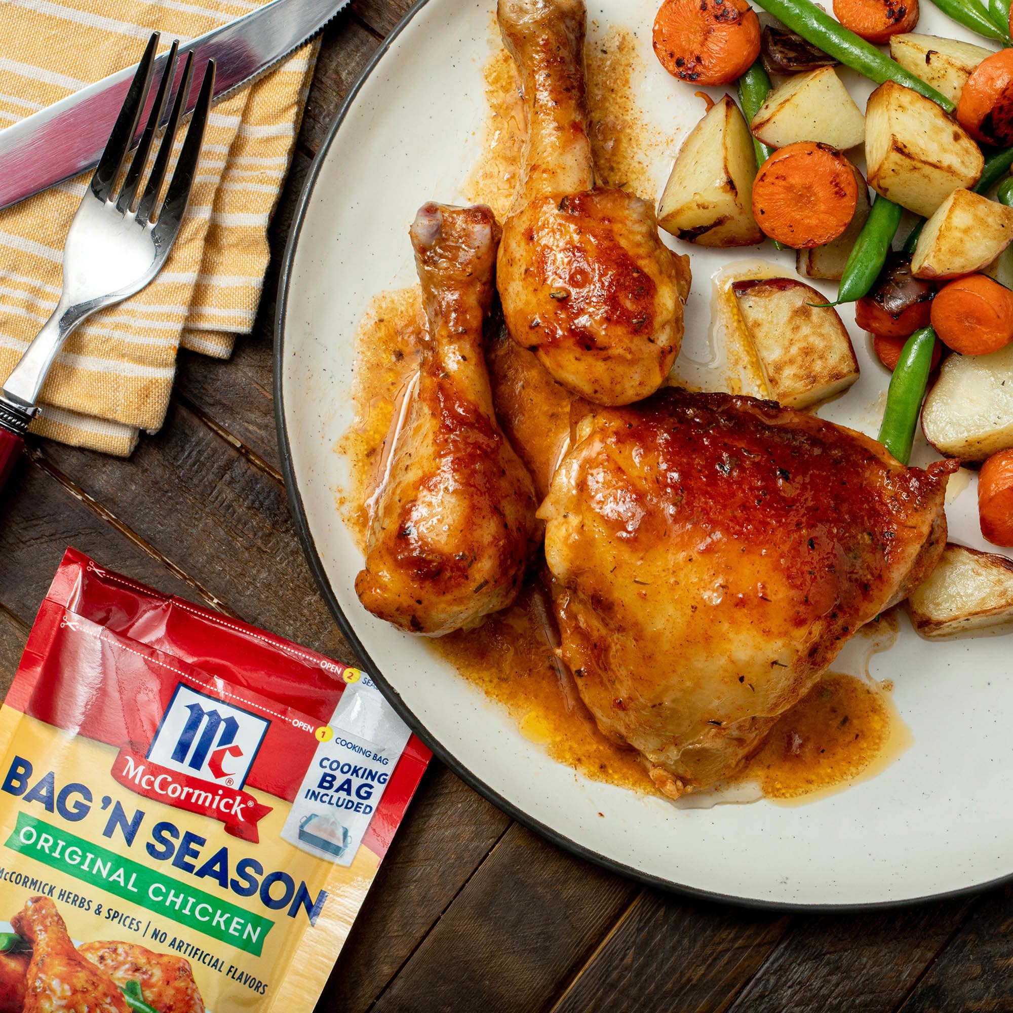 McCormick chicken and vegetables plated after oven-bag cooking