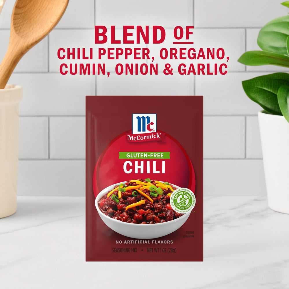 Measuring spoon with McCormick chili seasoning for easy chili prep.