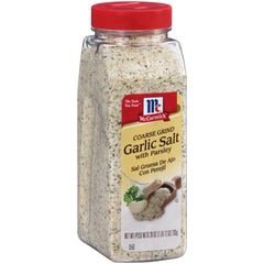McCormick coarse grind garlic salt with parsley bottle pour adds quick flavor boost to meals.