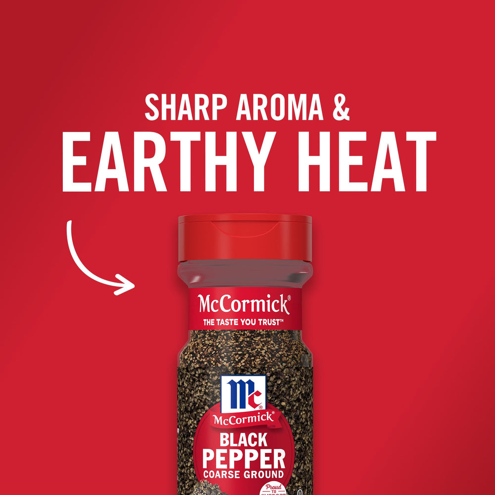 McCormick Coarse Ground Black Pepper bottle seal emphasizes freshness