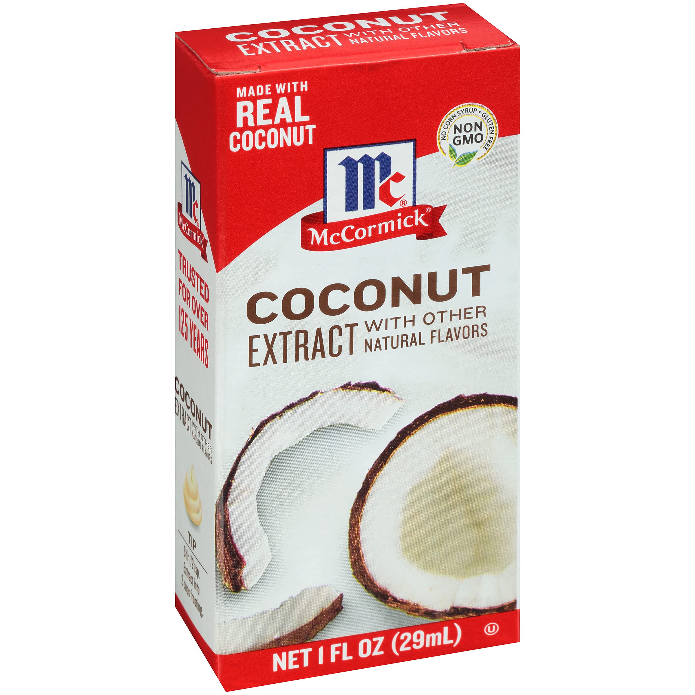 McCormick Coconut Extract bottle with pour spout for easy measuring and mess-free baking.