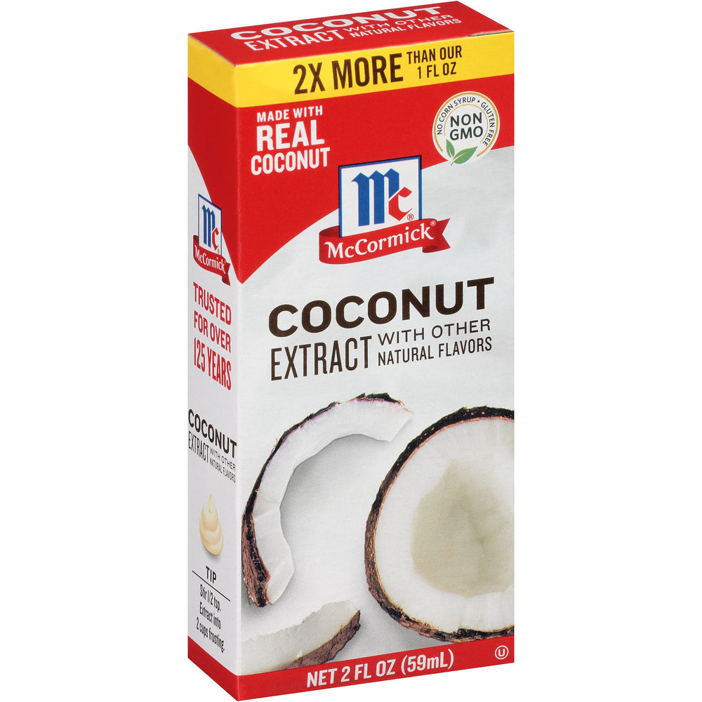 McCormick Coconut Extract bottle pour for tropical aroma in desserts