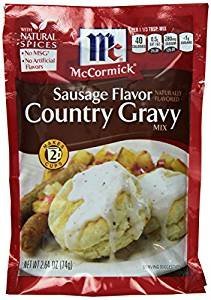 McCormick Country Gravy Mix Sausage Flavor packaging front, ready to pour over biscuits.