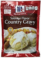 McCormick Country Gravy Mix Sausage Flavor packaging front, ready to pour over biscuits.
