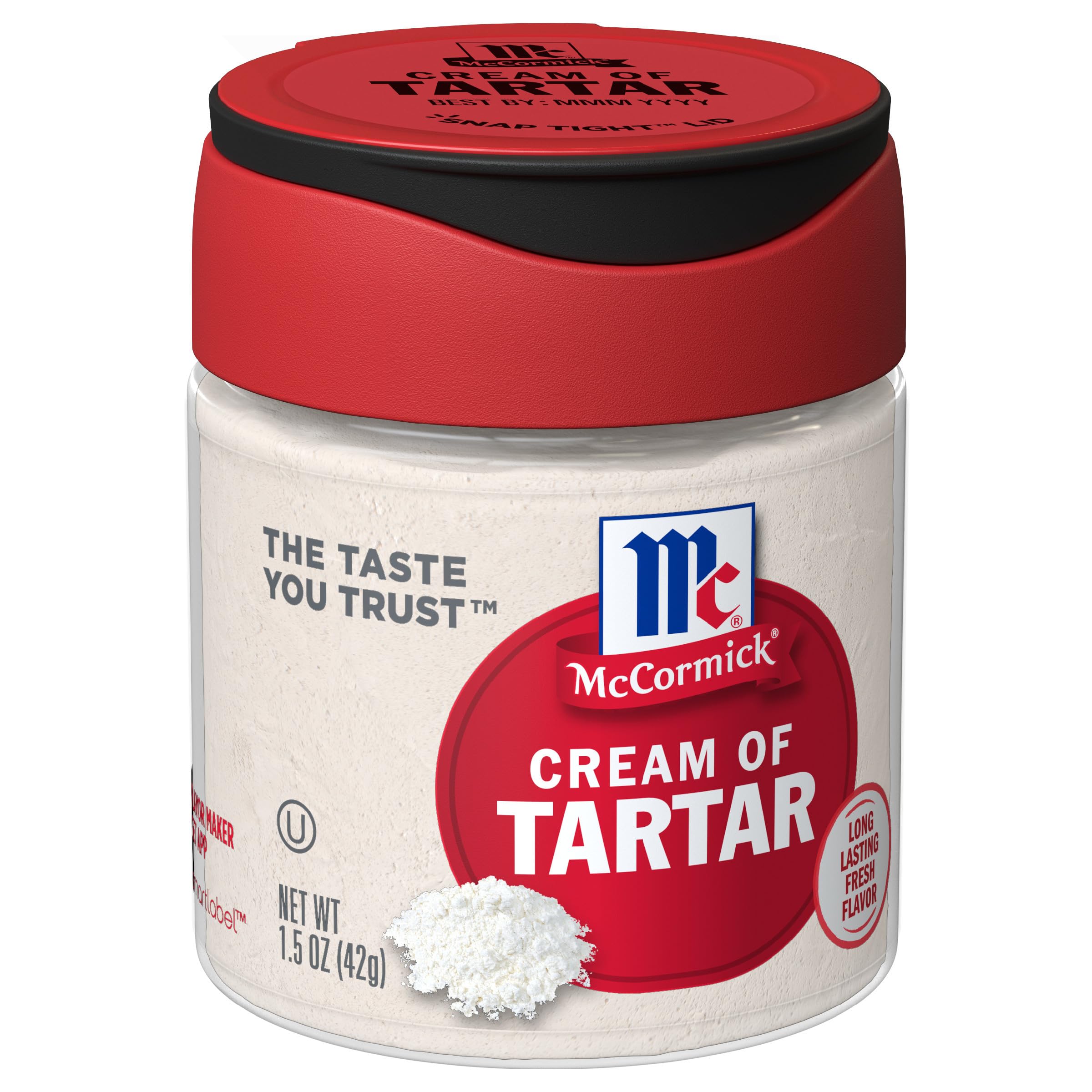 McCormick Cream of Tartar bottle closeup stabilizes beaten egg whites for fluffy desserts.
