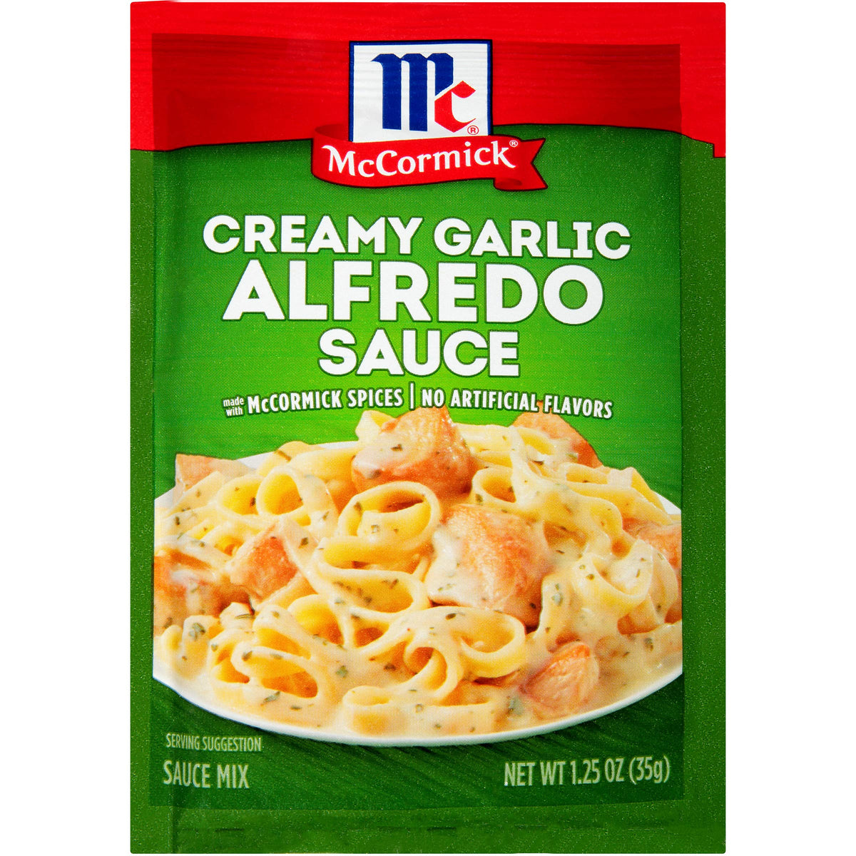 McCormick Creamy Garlic Alfredo Sauce Mix front label for easy pasta