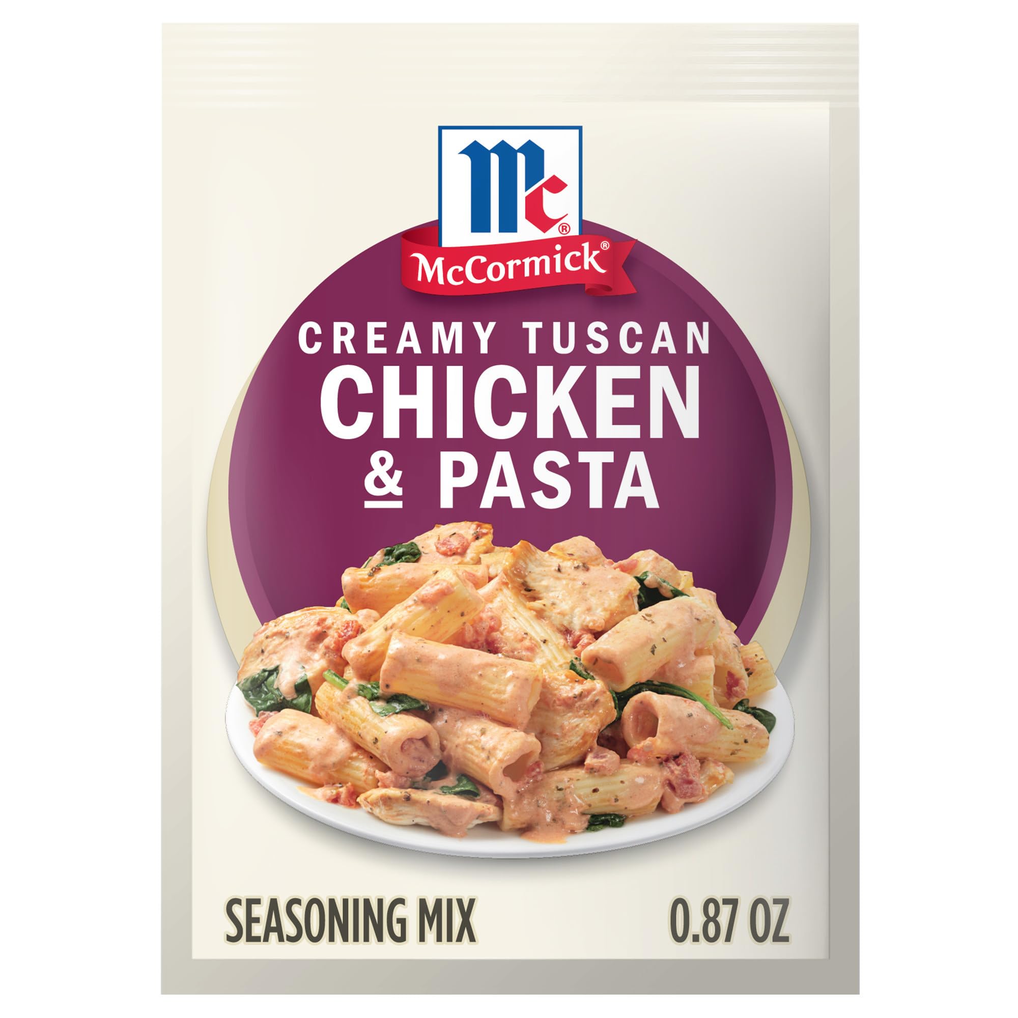McCormick Creamy Tuscan Chicken & Pasta packaging promotes quick weeknight option.