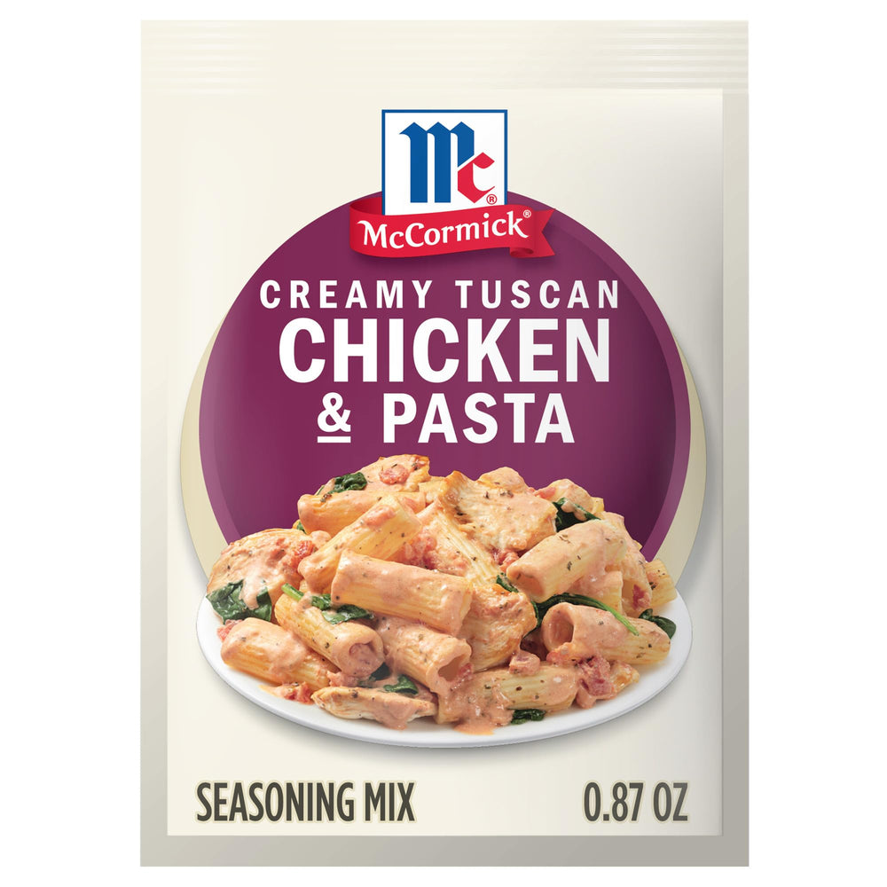 McCormick Creamy Tuscan Chicken & Pasta packaging promotes quick weeknight option.