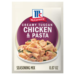McCormick Creamy Tuscan Chicken & Pasta packaging promotes quick weeknight option.