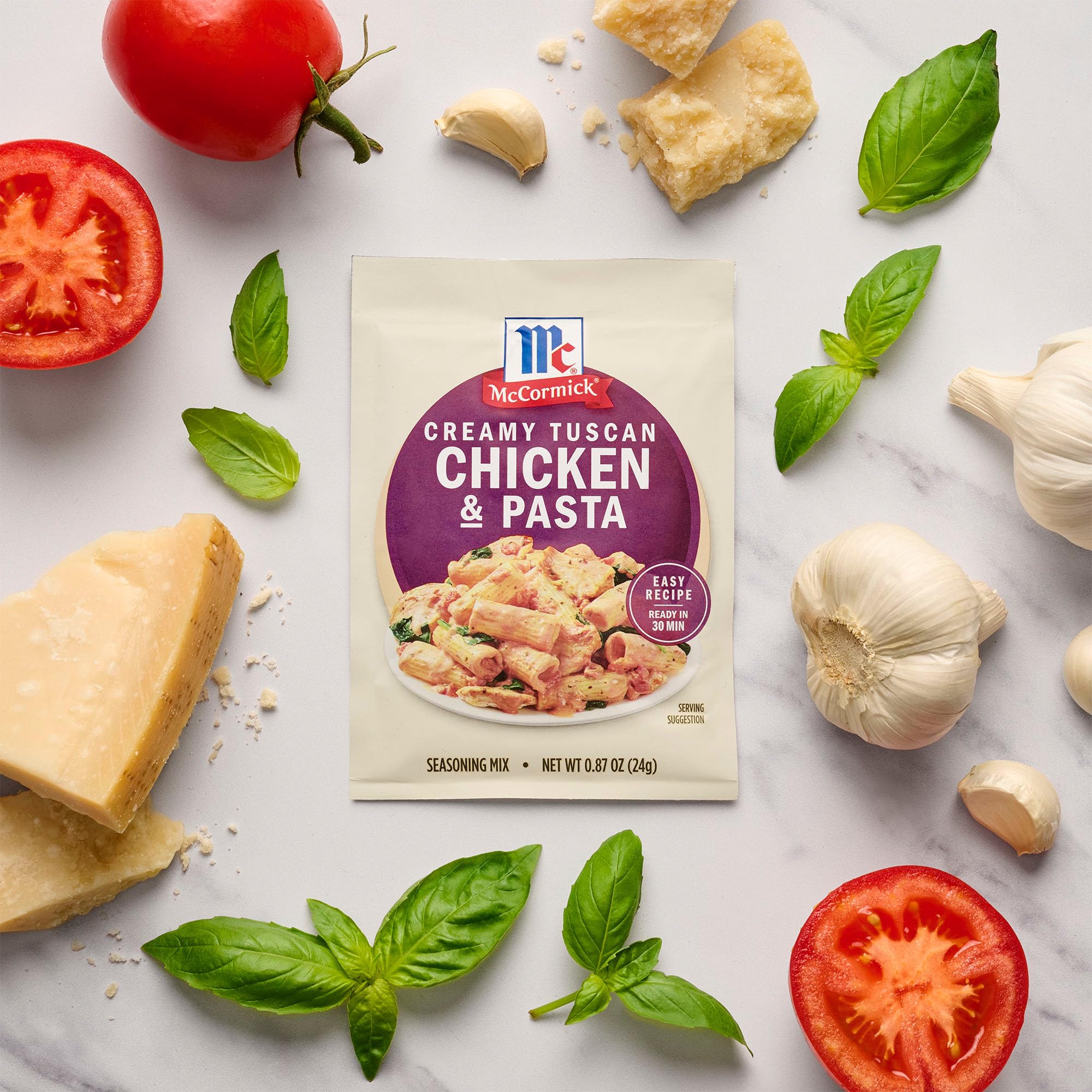 30-minute weeknight dinner with McCormick Creamy Tuscan Chicken & Pasta.