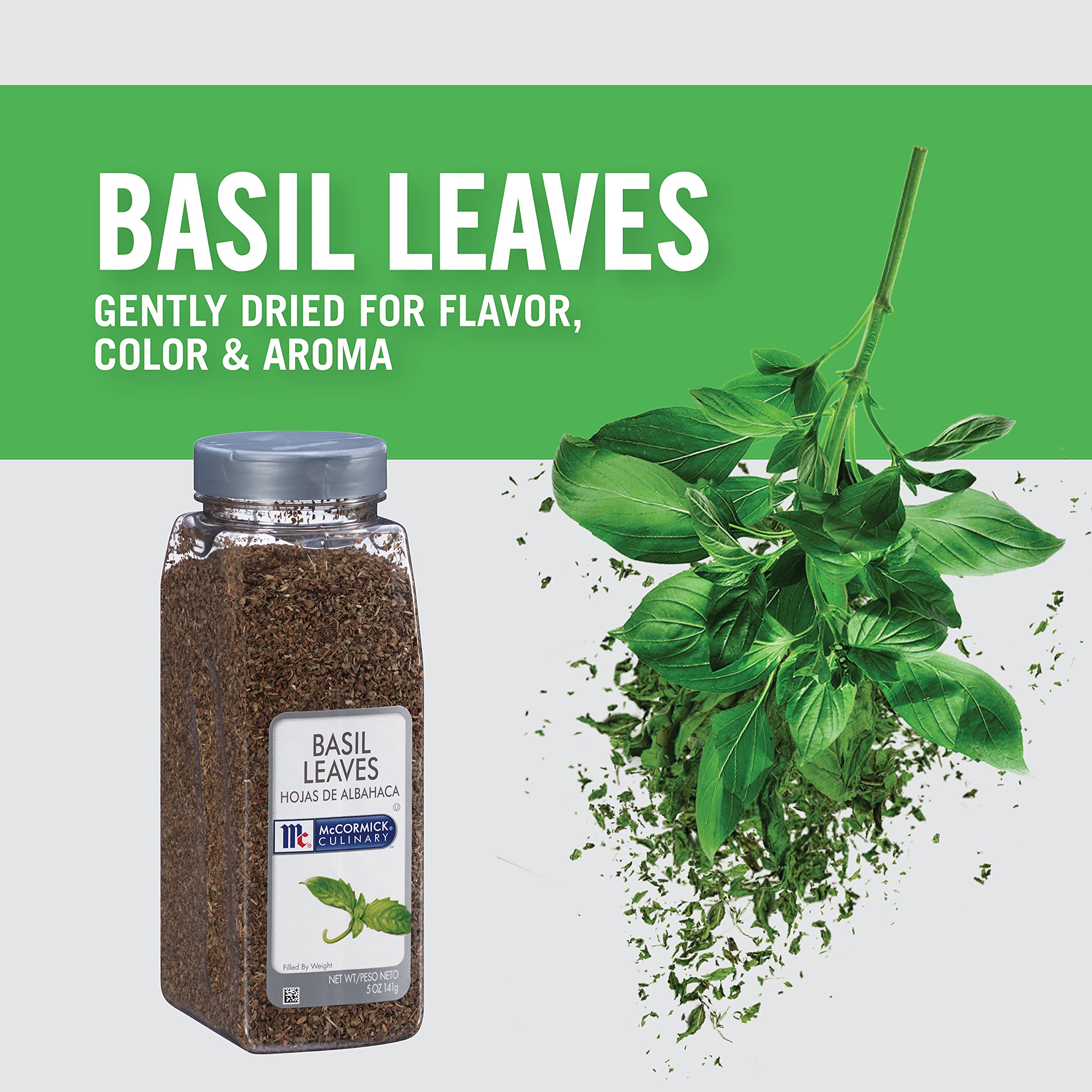 Ready-to-use McCormick Culinary Basil Leaves garnish for quick finishing touch.
