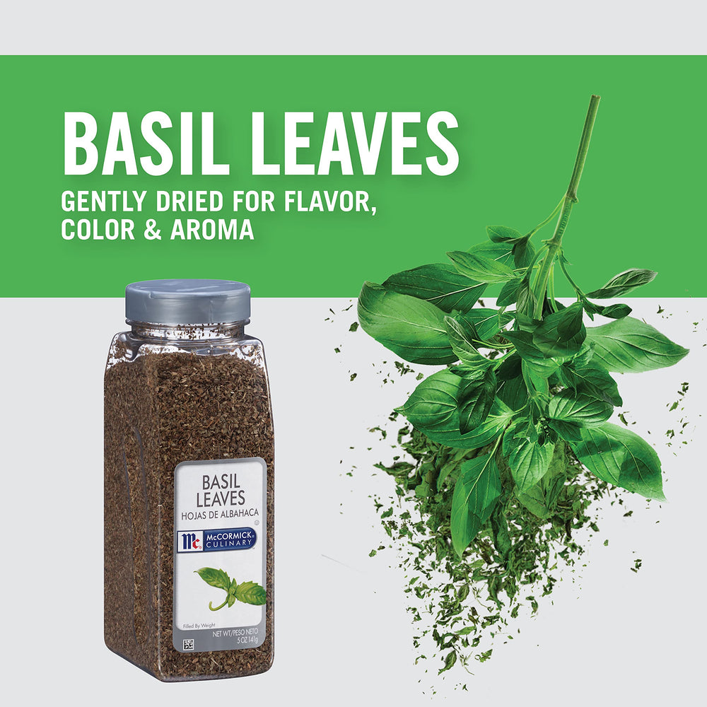 Ready-to-use McCormick Culinary Basil Leaves garnish for quick finishing touch.