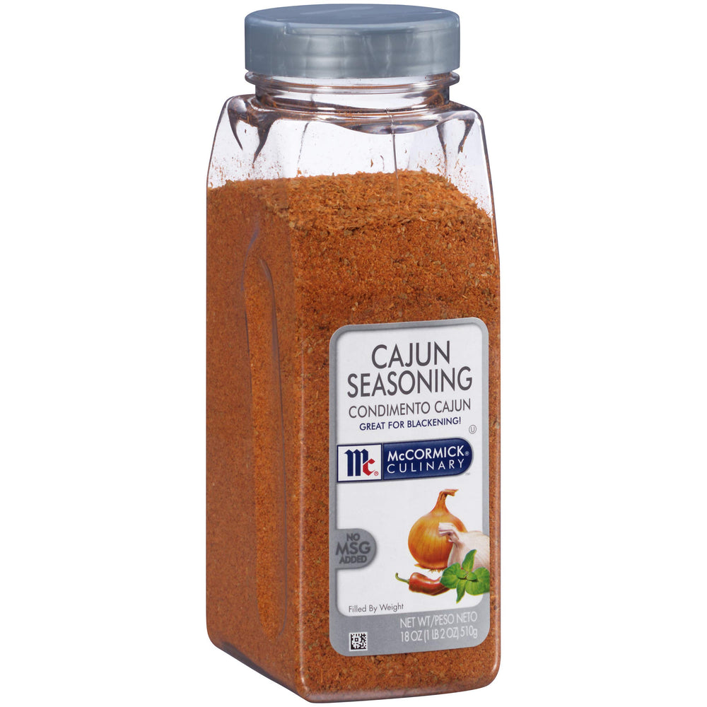 McCormick Culinary Cajun Seasoning jar close-up showing authentic Louisiana blend for seafood.