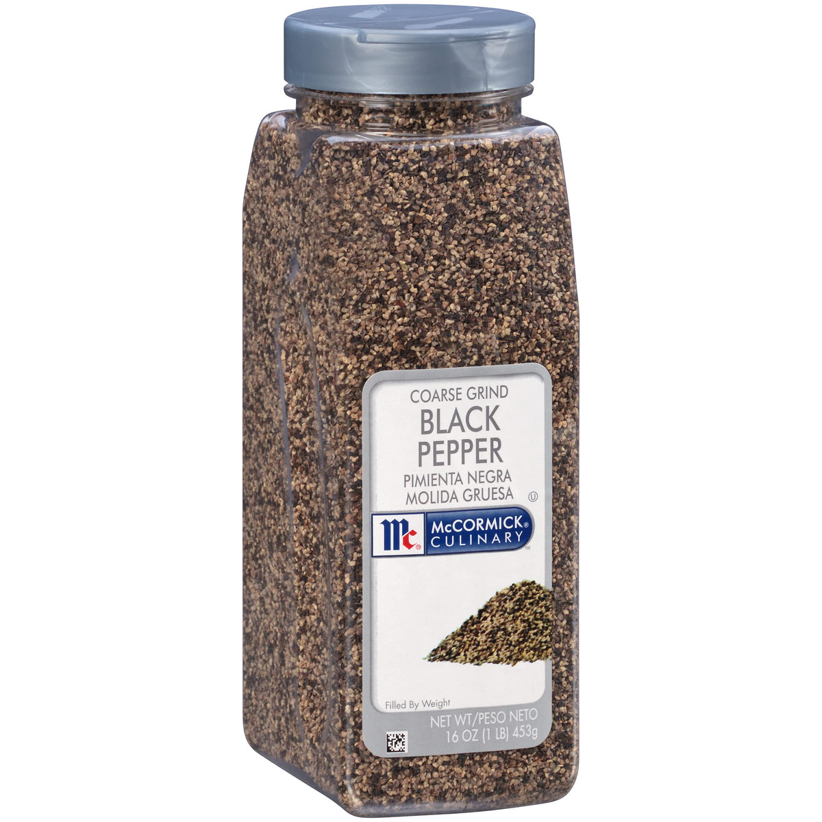 McCormick Culinary coarse grind black pepper bottle shows bold aroma for grilling and dressing.