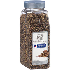 McCormick Culinary cracked black pepper bottle pour highlights bold flavor for quick seasoning.