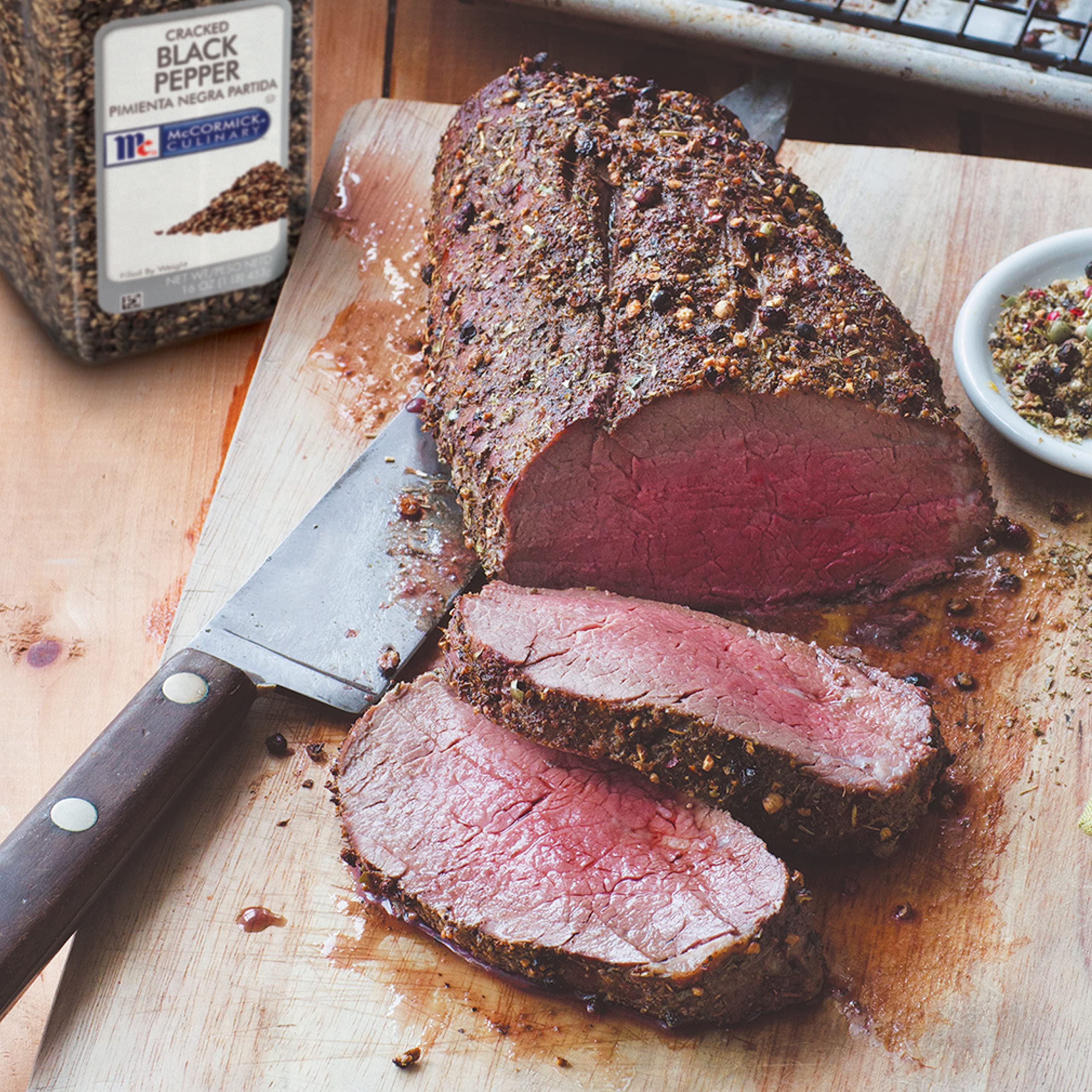 McCormick Culinary cracked pepper on steak and kabobs adds robust texture.