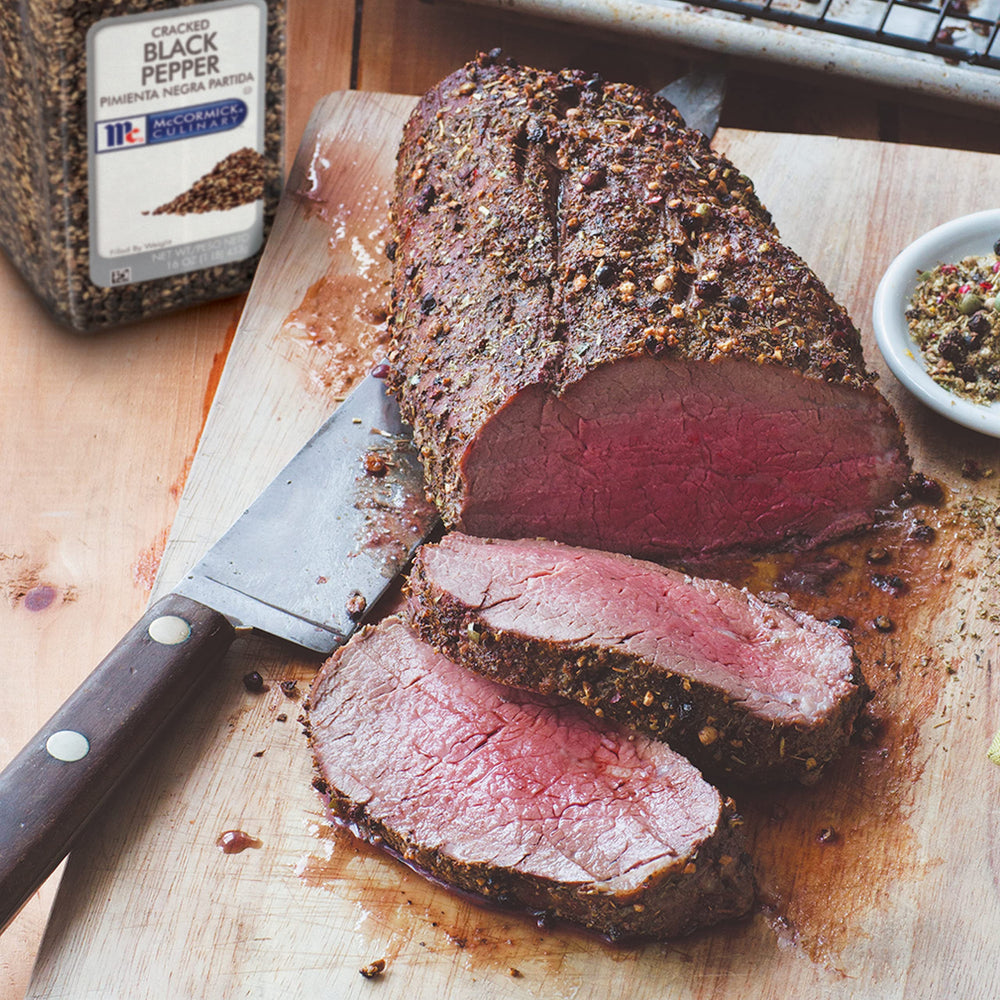McCormick Culinary cracked pepper on steak and kabobs adds robust texture.