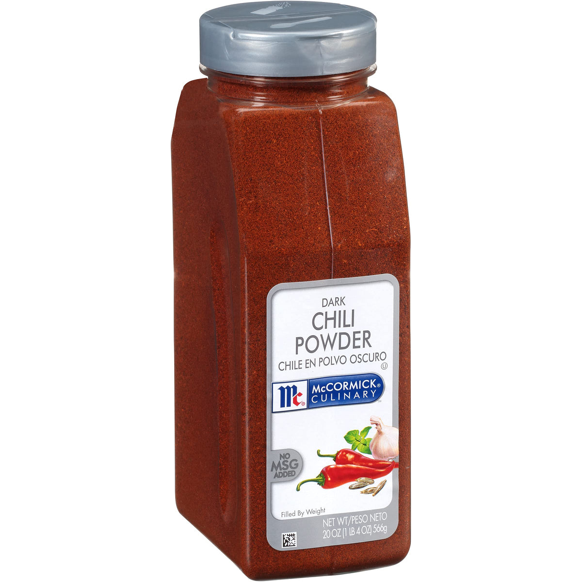 McCormick Culinary Dark Chili Powder container on shelf for chef-grade seasoning