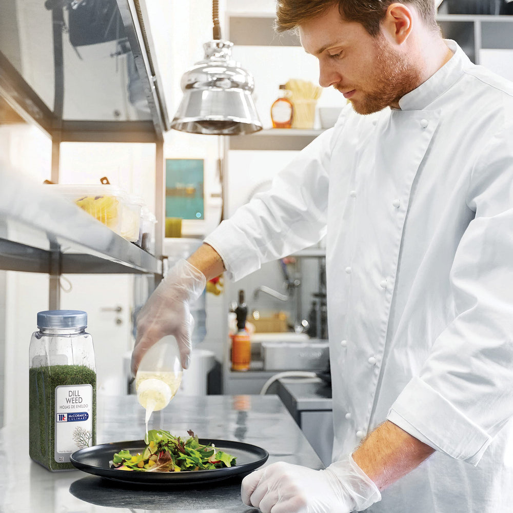 McCormick Culinary Dill Weed enhances soups with aroma and color.