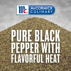 Closeup of McCormick Culinary Pure Ground Black Pepper reveals fine texture for quick flavor boosts.