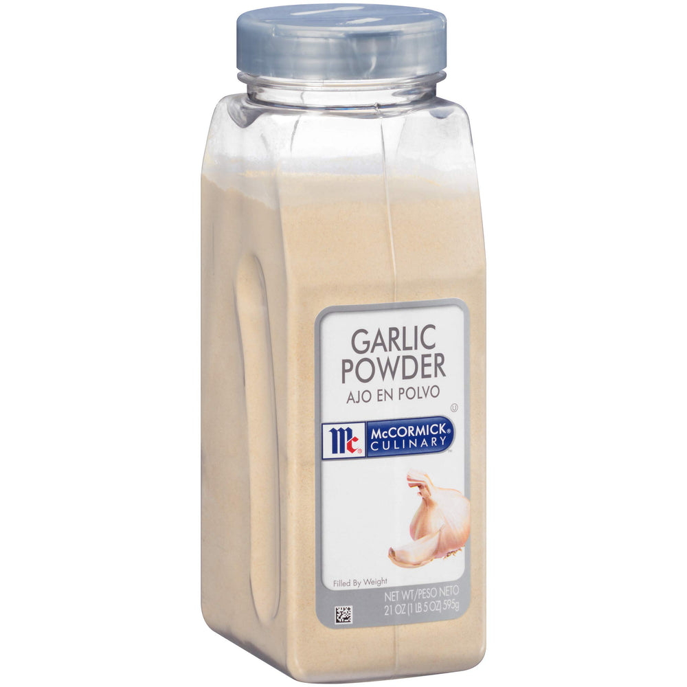 McCormick Culinary Garlic Powder canister front view, adds versatile garlic flavor for soups, sauces, and potatoes.