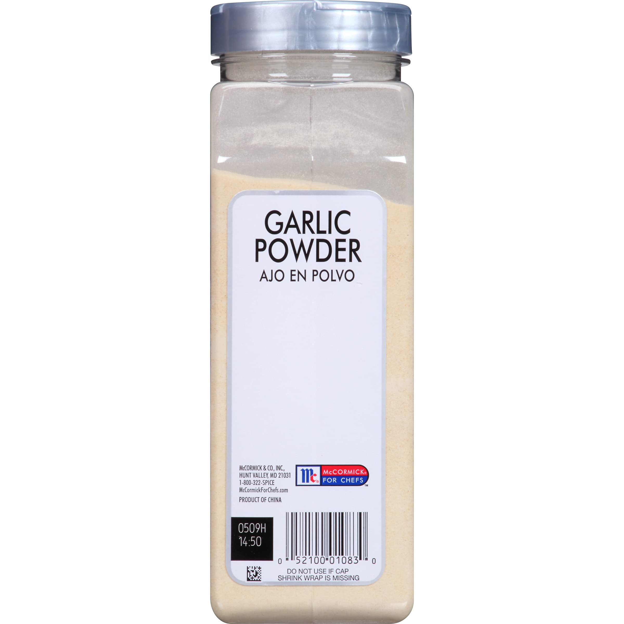 McCormick Culinary Garlic Powder canister top view, ideal for chef-grade seasoning in large batches.