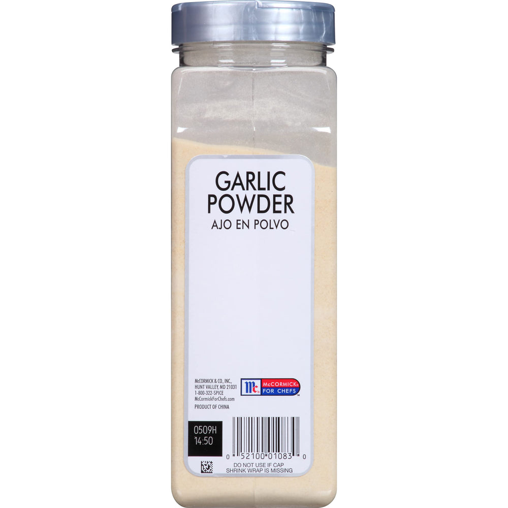 McCormick Culinary Garlic Powder canister top view, ideal for chef-grade seasoning in large batches.