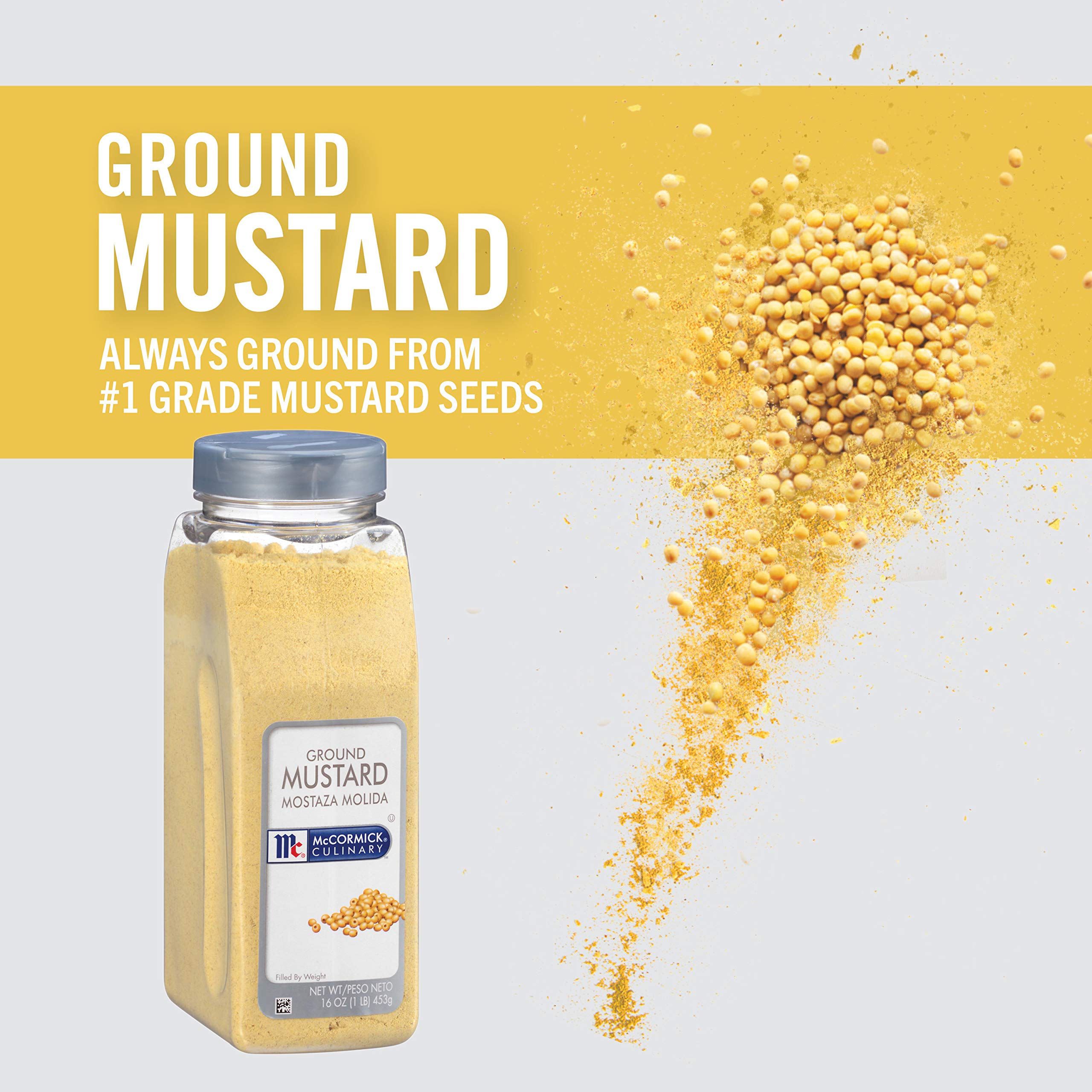 McCormick Culinary ground mustard powder with measuring scoop for recipes.