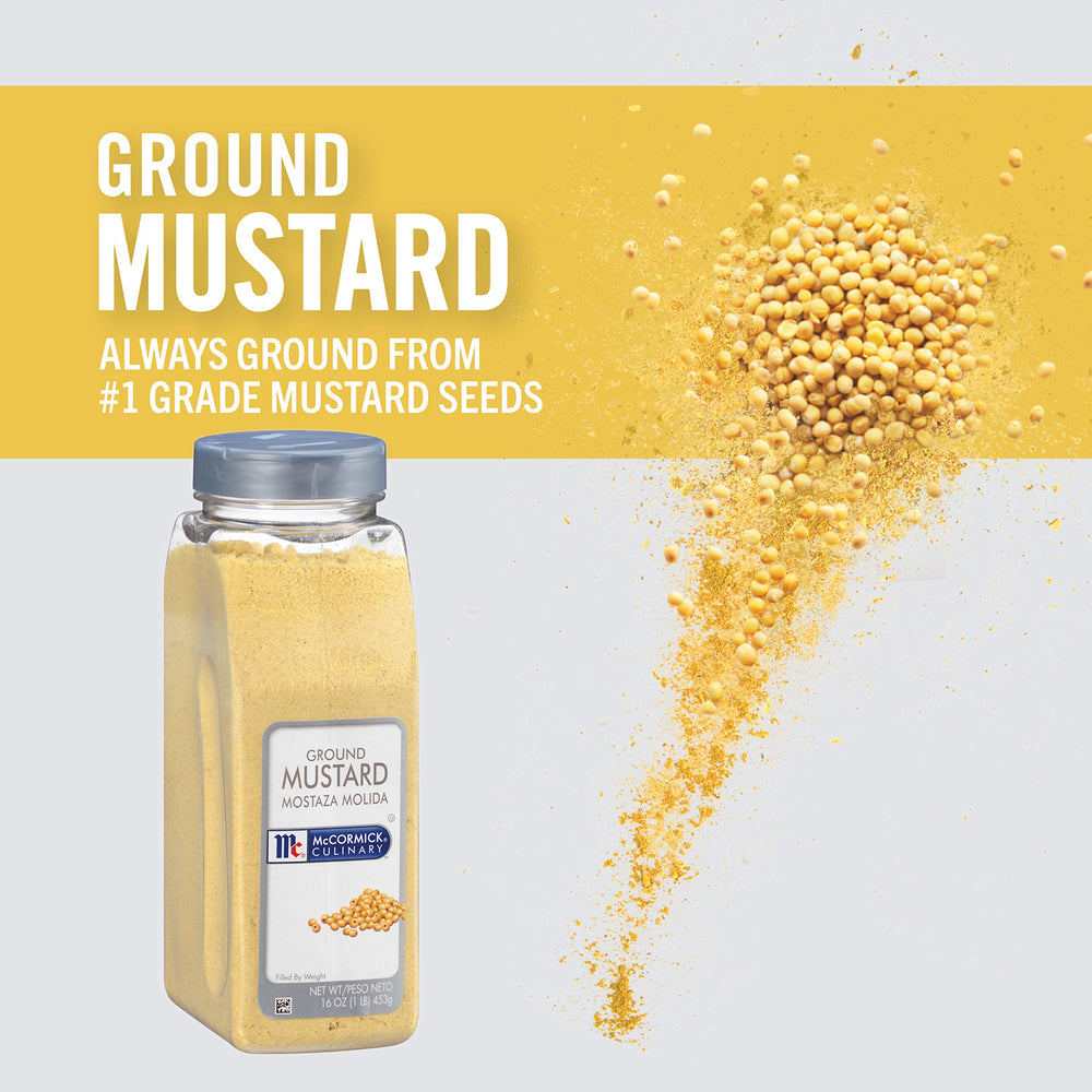 McCormick Culinary ground mustard powder with measuring scoop for recipes.