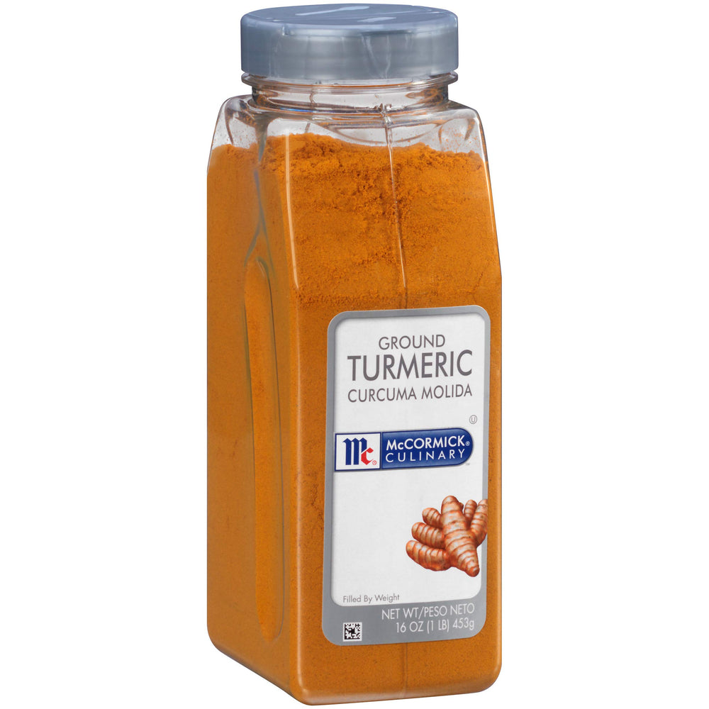 McCormick Culinary Ground Turmeric bottle pour highlights vibrant yellow color for curries.