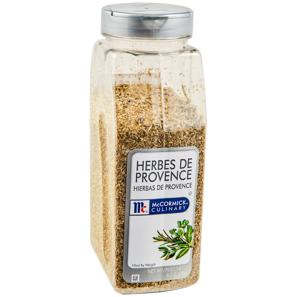 McCormick Culinary Herbes de Provence jar open, ready to elevate French dishes.