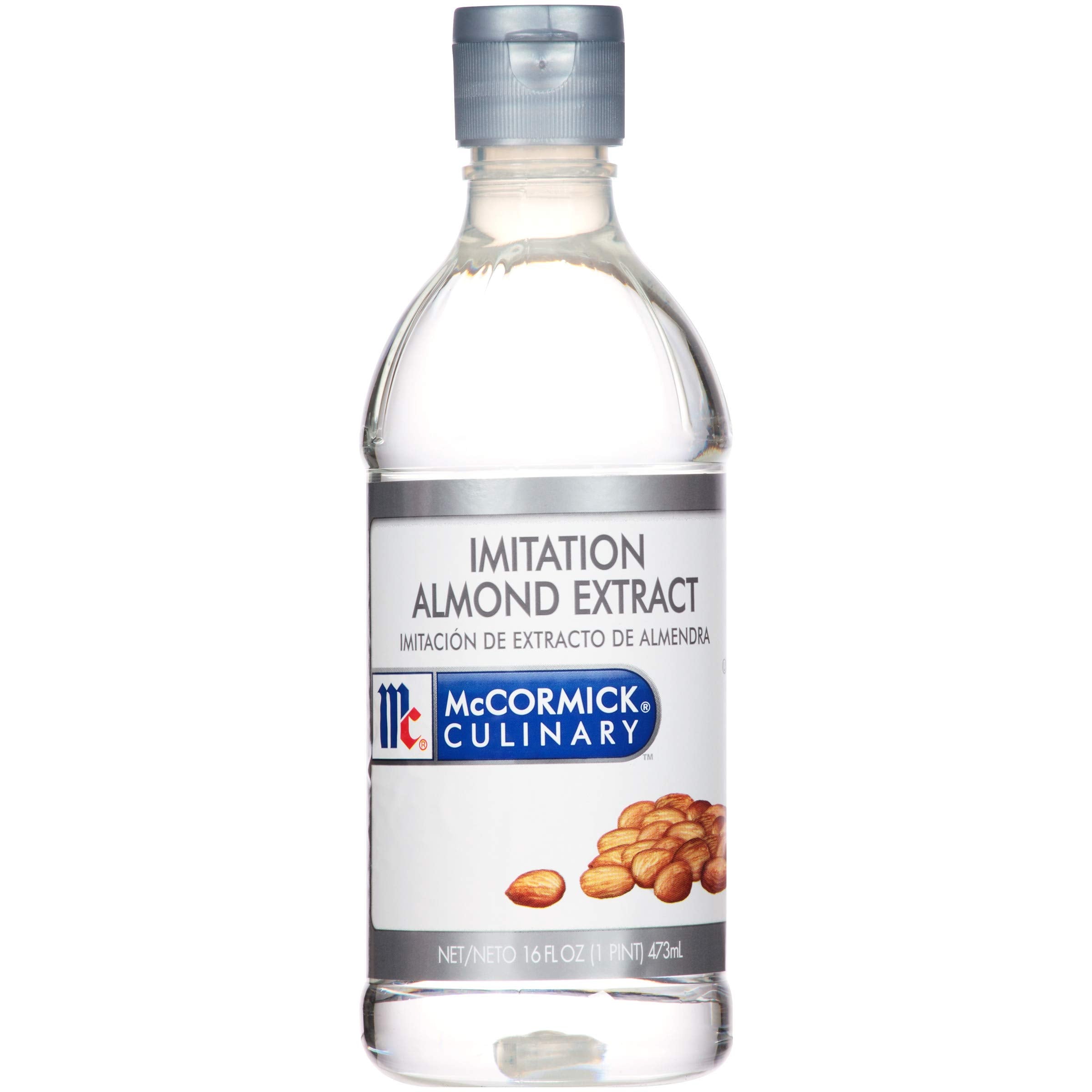 McCormick Culinary imitation almond extract bottle close-up for bakers and chefs.