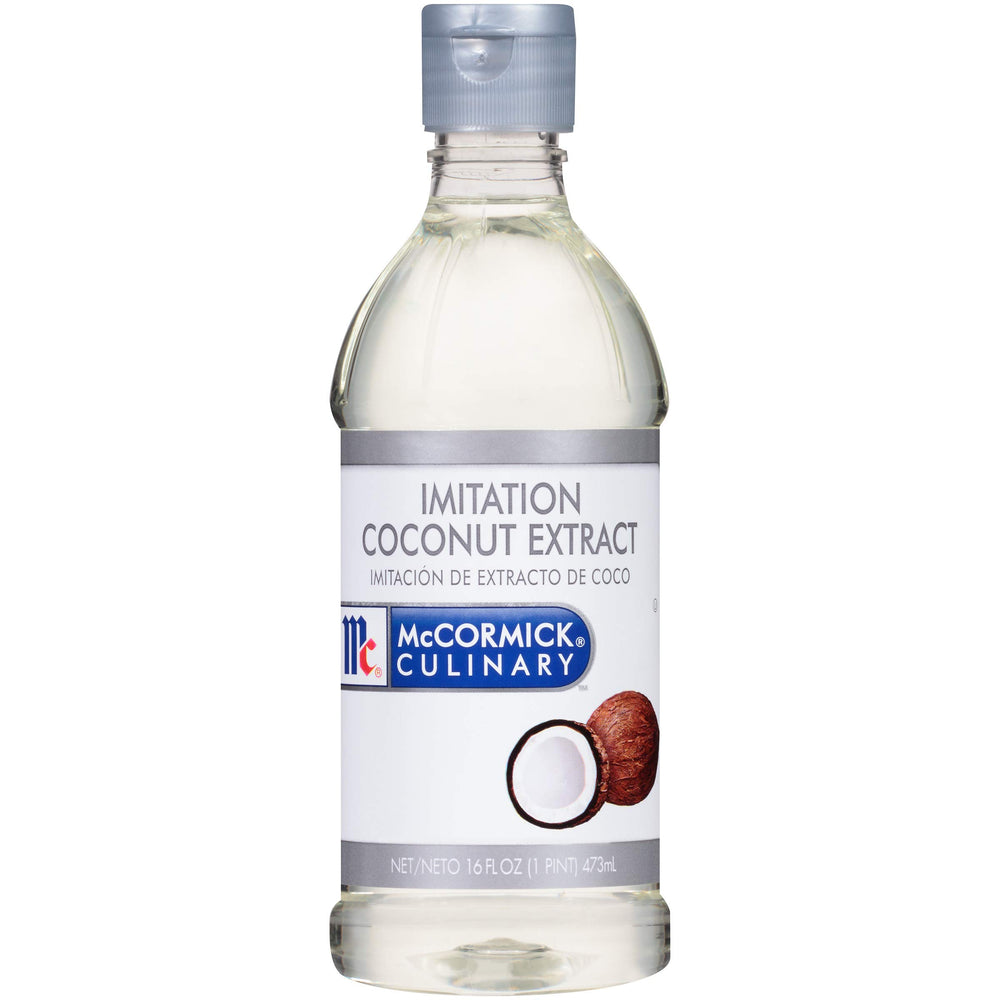 McCormick Culinary imitation coconut extract bottle closeup highlights tropical flavor for desserts