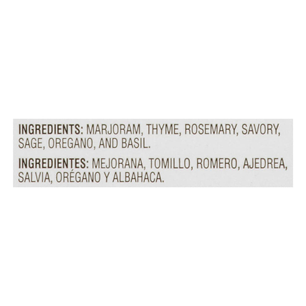 Close-up of McCormick Culinary Italian Seasoning label highlighting herb blend