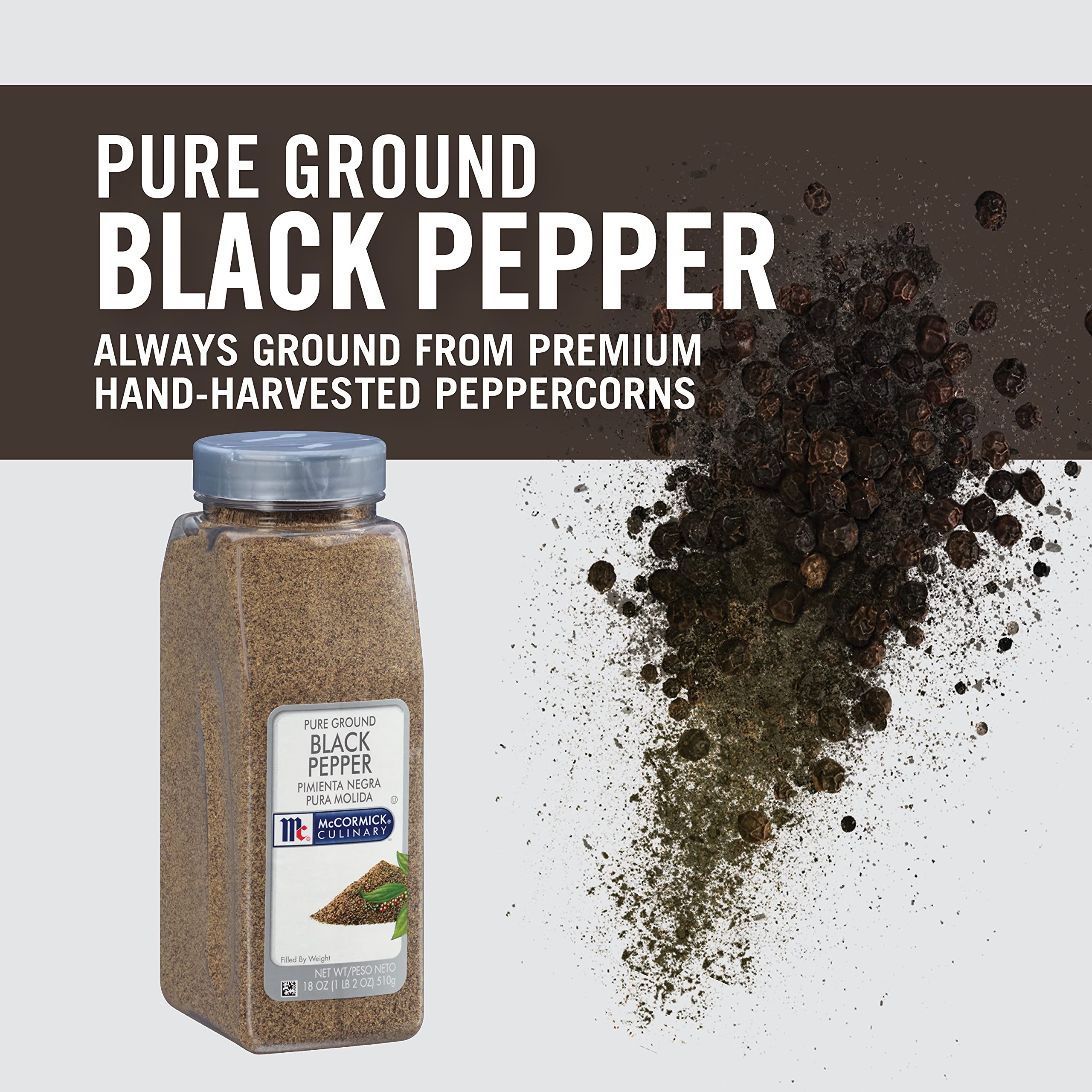 Kosher-certified McCormick Culinary Black Pepper label indicating single-ingredient peppercorns.