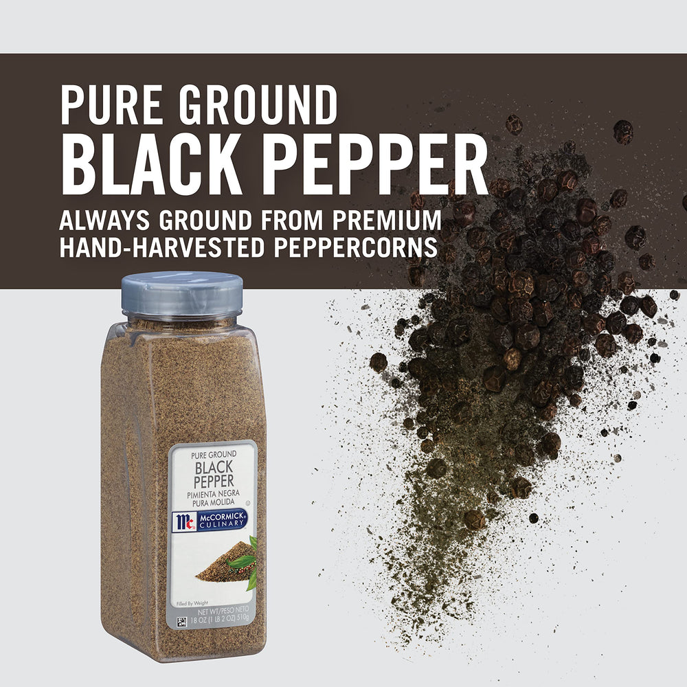 Kosher-certified McCormick Culinary Black Pepper label indicating single-ingredient peppercorns.