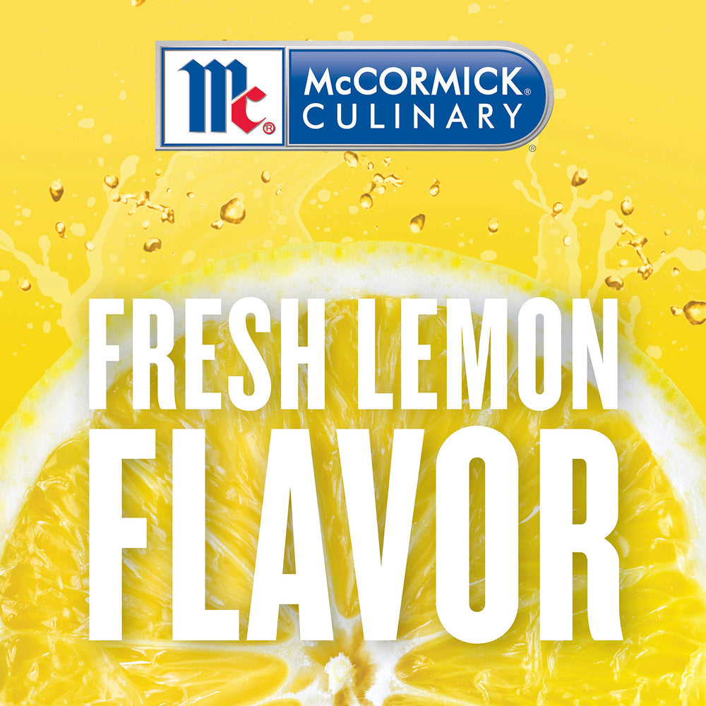 Close-up of McCormick Culinary Lemon Extract bottle highlighting fresh lemon oil aroma.