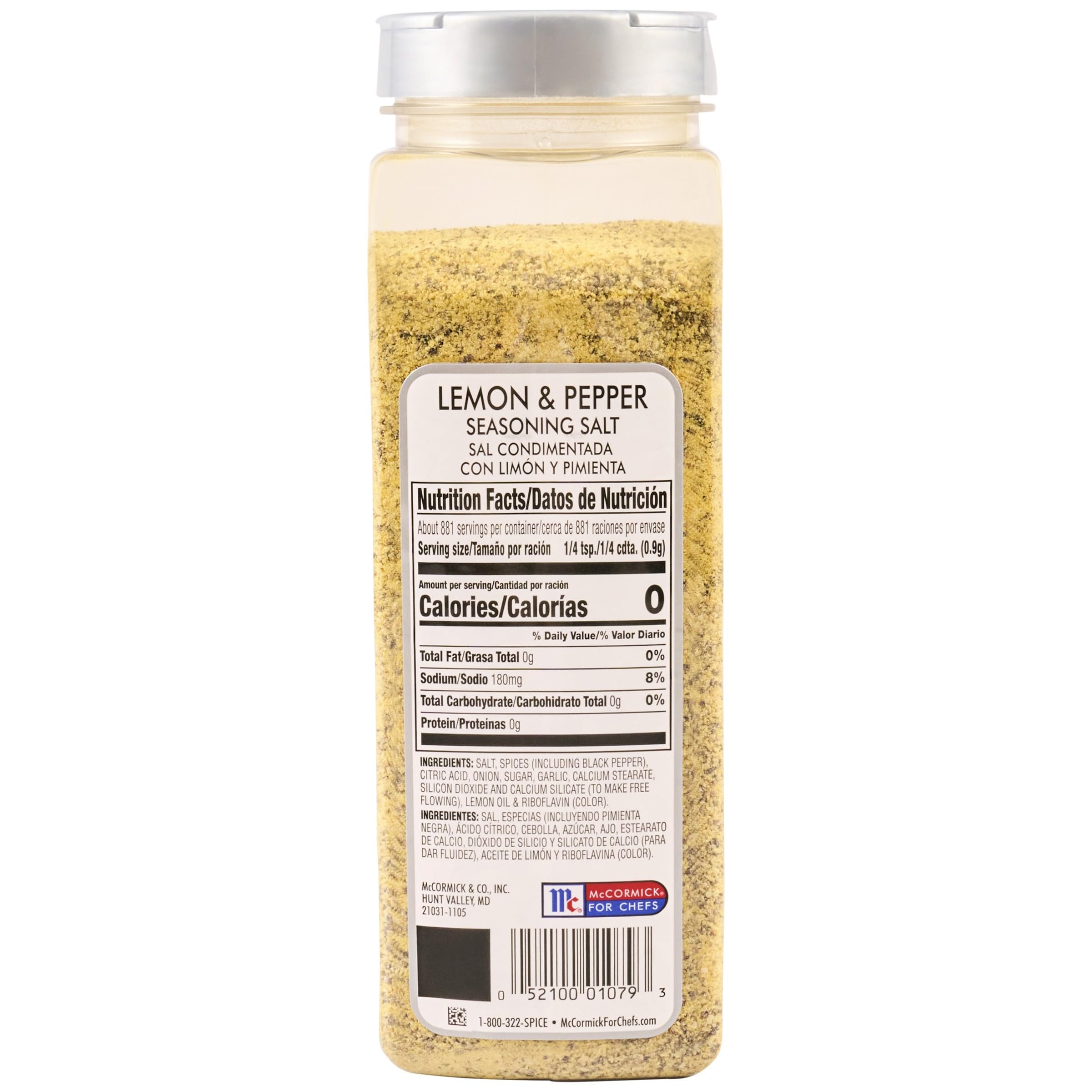 McCormick Culinary Lemon Pepper Seasoning Salt bottle closeup shows ingredients and zest