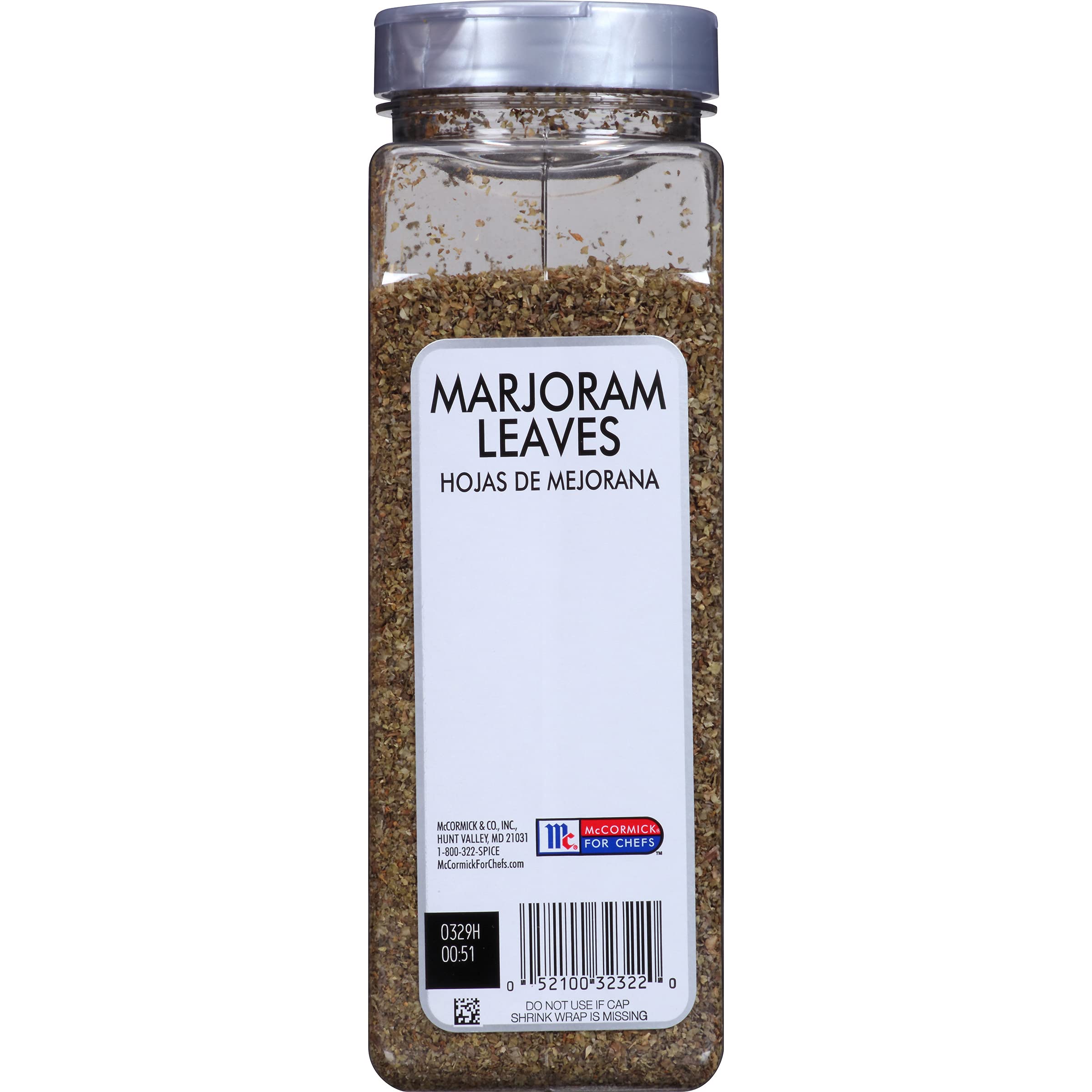Close-up of McCormick Culinary Marjoram Leaves jar showing premium aroma.