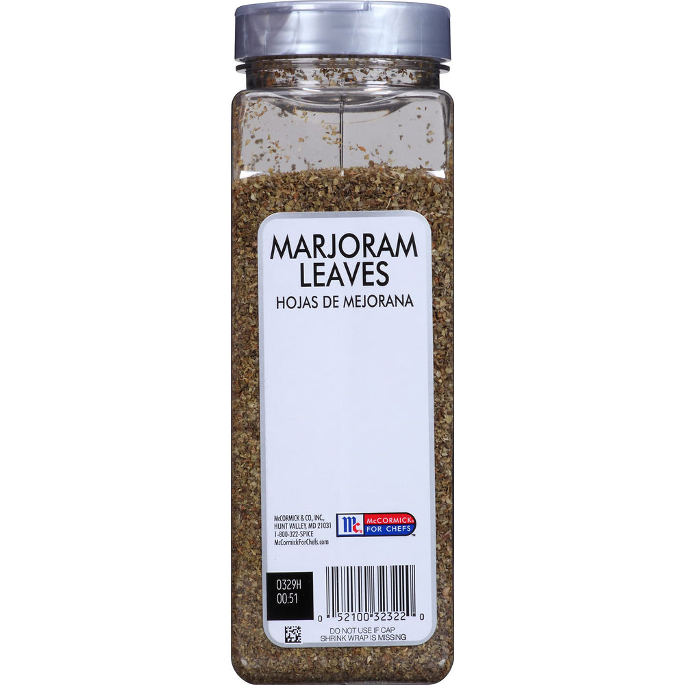 Close-up of McCormick Culinary Marjoram Leaves jar showing premium aroma.