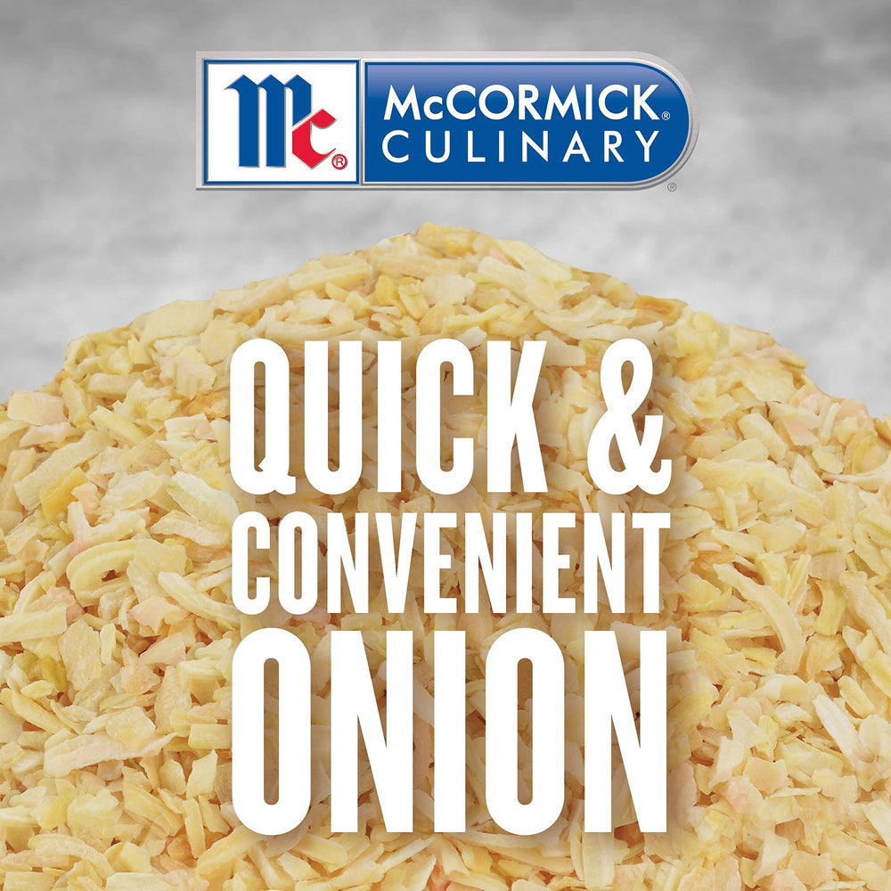 Label closeup of McCormick Culinary Minced Onion showing quality ingredients