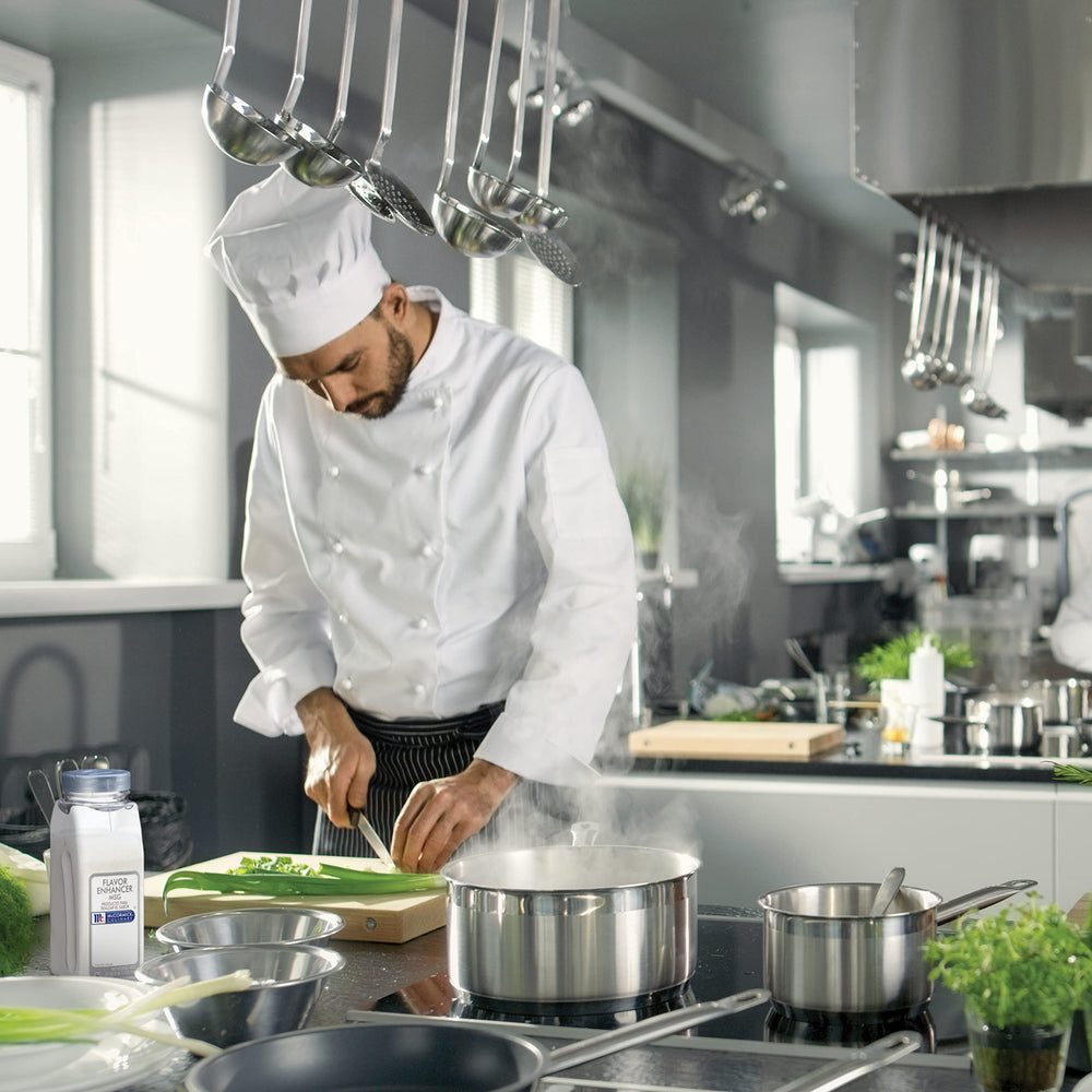 McCormick Culinary MSG kitchen-scene illustrating versatile usage across sauces, soups, and stir-fries.