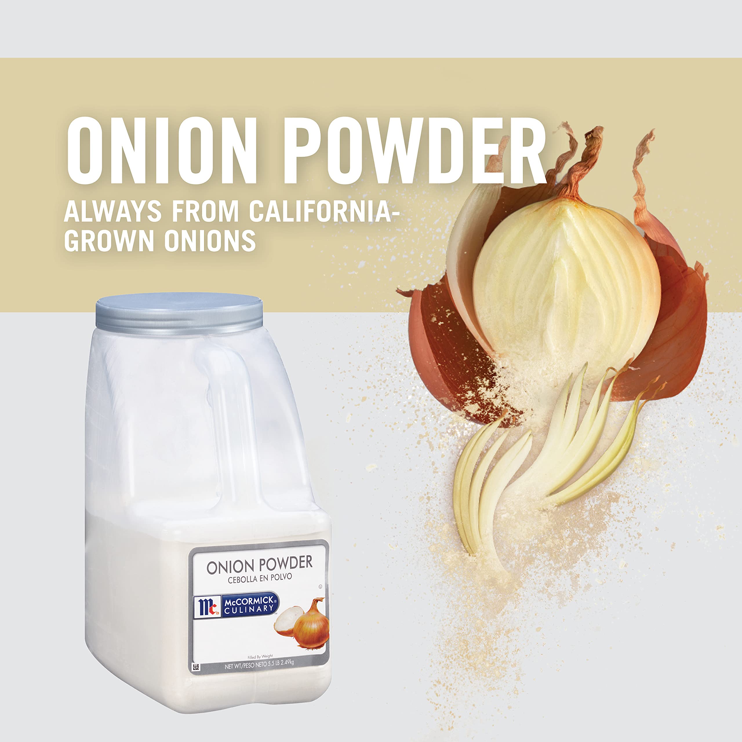 Measuring spoon scoops McCormick Culinary Onion Powder from bulk container.