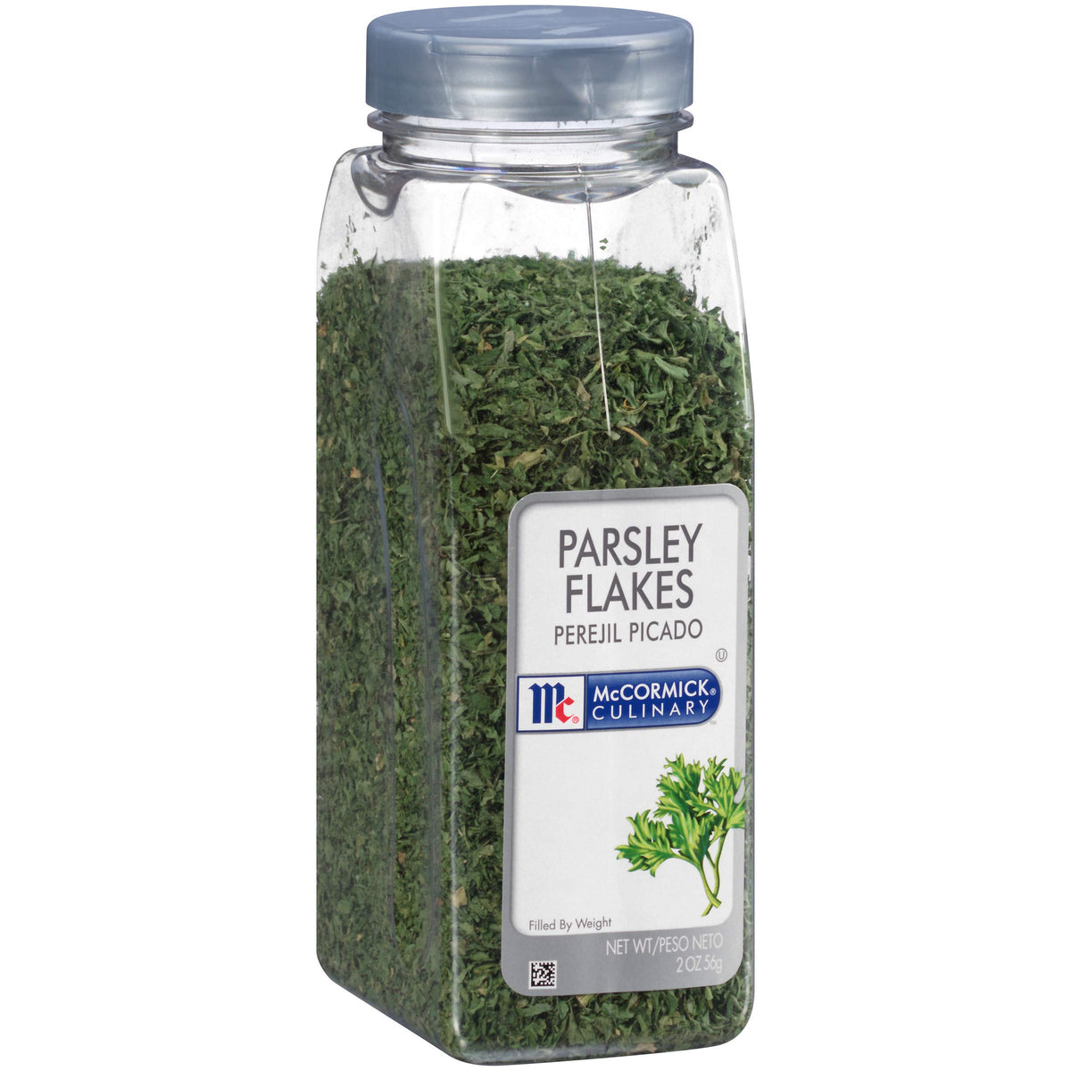 McCormick Culinary Parsley Flakes bottle close-up showing fresh color and garnish potential.